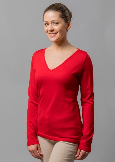 Connemara Damen Pullover V Ausschnitt rot aus Merinowolle extrafein