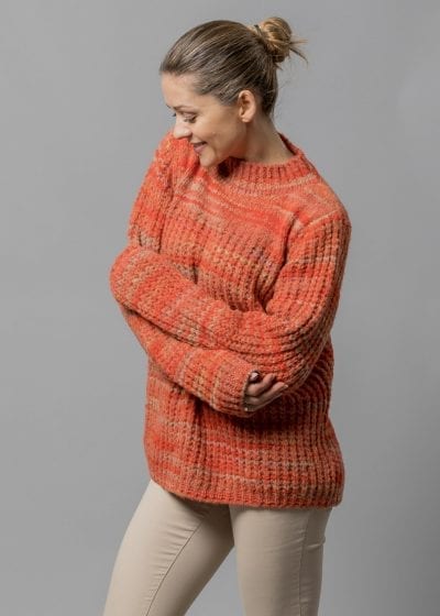 Connemara Grobstrick Pullover Damen Wolle mit Ballonärmel in orange